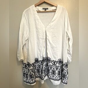 Jessica London White and Black Embroidered Linen Duster Cardigan